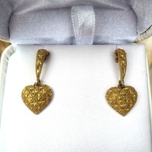 14K Gold Diamond-Cut Puffed Heart Drop Earrings